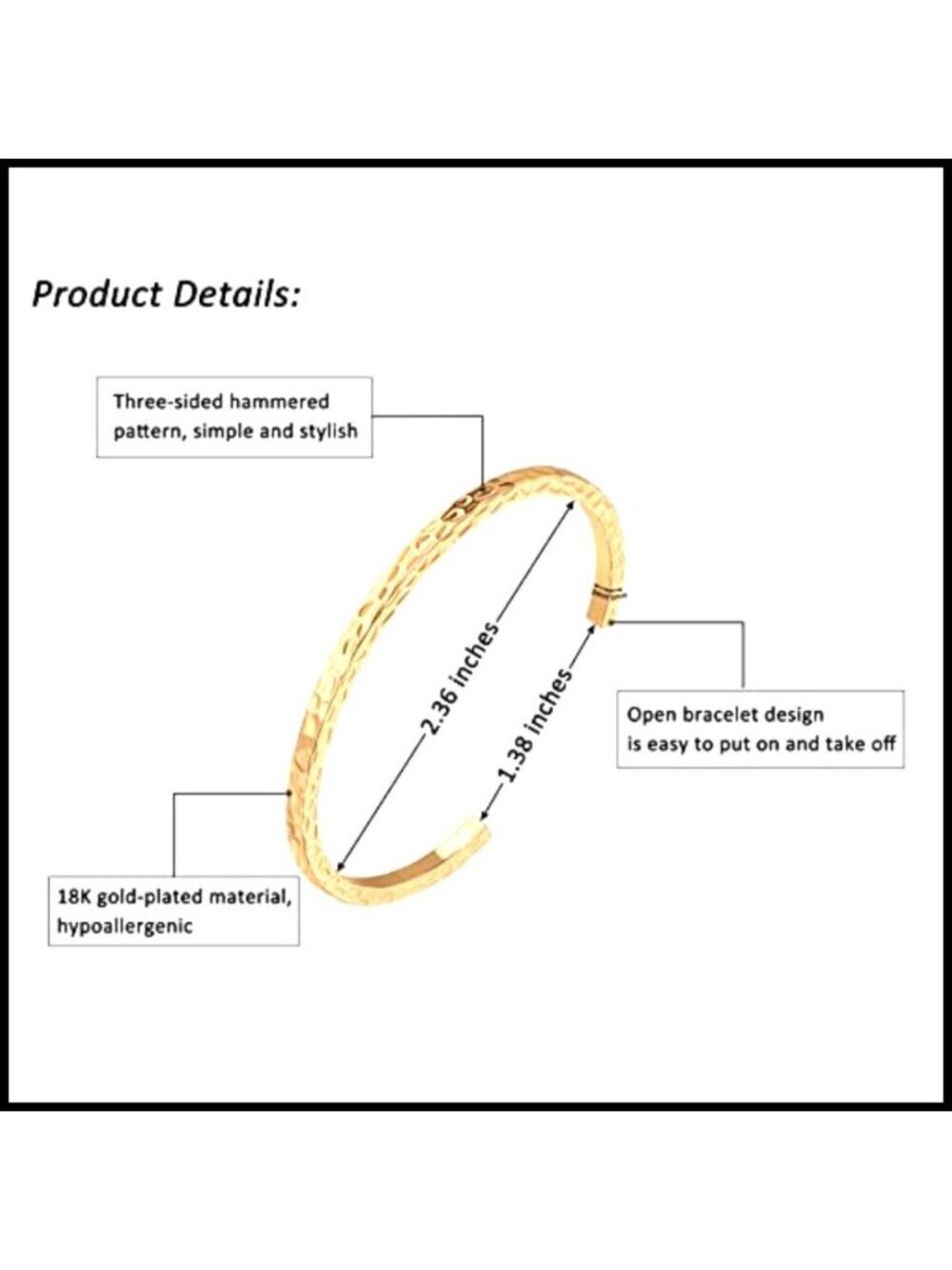 Dainty Gold Cuff Bracelet Minimalist Delicate Thin Bangle Hook 18K Plated - Picture 4 of 7
